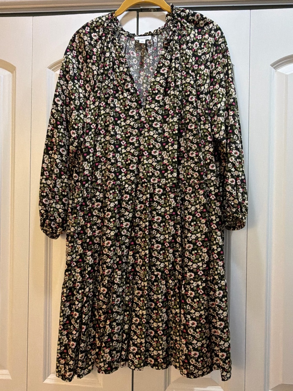 Floral Tiered V-Neck Women’s Dress in Black with Pink & White Flowers